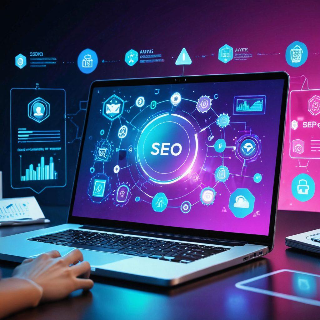 A dynamic and sleek laptop with a dazzling screen displaying an interactive and modern website, surrounded by futuristic digital elements like holograms and icons representing SEO, web design, and analytics. In the background, a diverse team of professionals collaborating. vibrant colors. 3D. futuristic.
