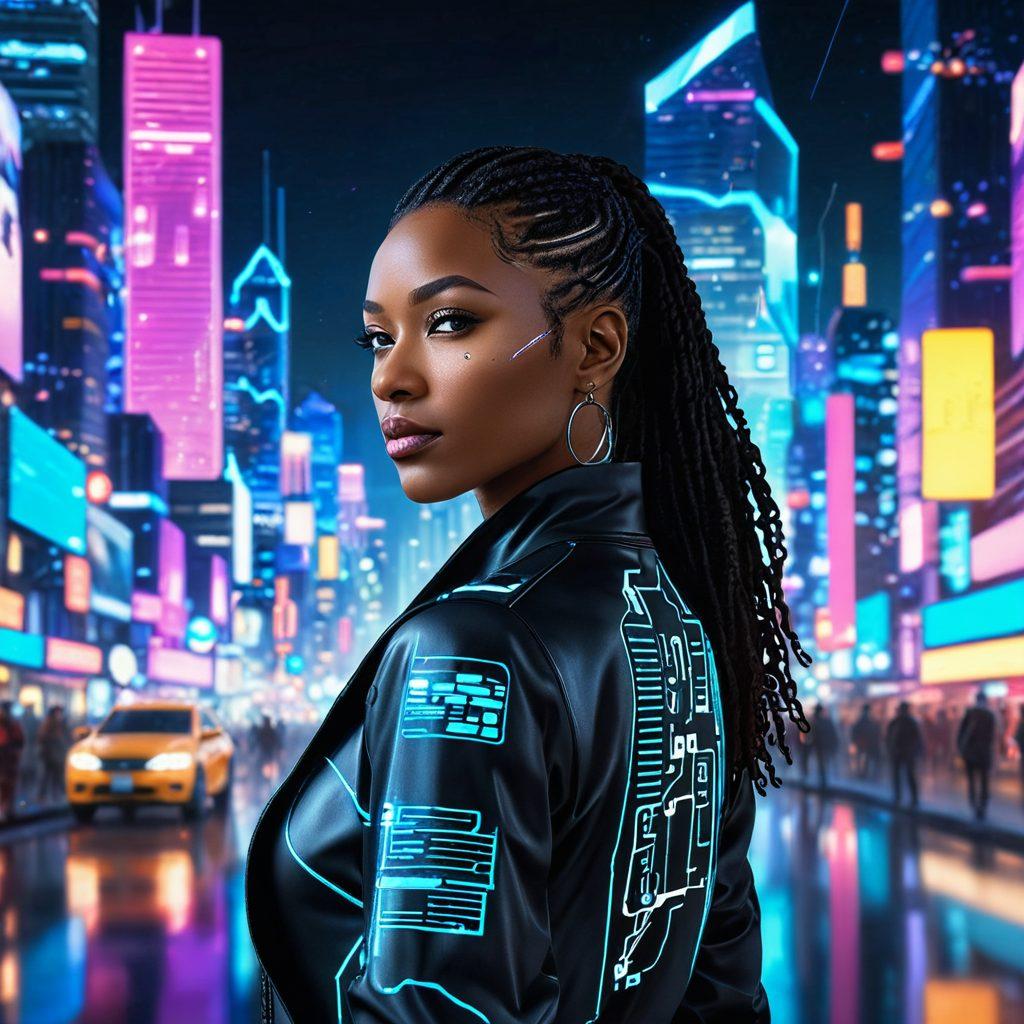 A futuristic digital landscape with a holographic interface displaying SEO charts and analytic data, a dynamic avatar representing Tamika guiding users through a sleek, modern web environment, and vibrant city lights in the background. Elements of AI and technology intertwined, showcasing innovation and mastery in digital marketing. super-realistic. vibrant colors. cyberpunk.