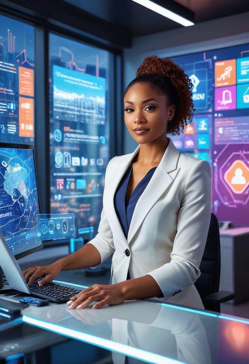 A futuristic office setting with a confident businesswoman, Tamika, working on a holographic screen displaying web hosting, maintenance tools, and e-commerce icons. Include sleek computers, a clean, organized workspace, and a glowing cityscape visible through large windows. 3D render. vibrant colors.
